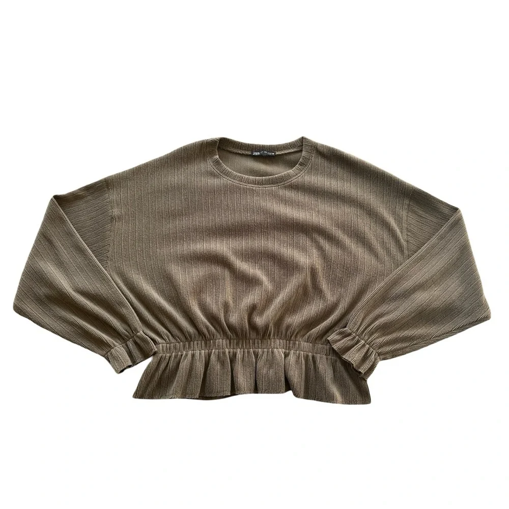 Zara Peplum Hem Ribbed Sweater - Olive Green - Picture 3 of 4
